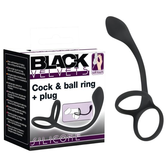 Black Velvet - Thin Anal Dildo with Penis and Scrotum Ring (Black)