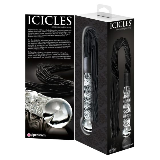 Icicles No. 38 - glass dildo with leather whip (transparent-black)