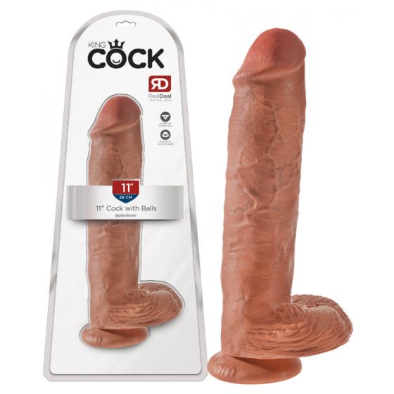 King Cock 11 - Large Suction Cup Dildo with Testicles (28cm) - Dark Natural