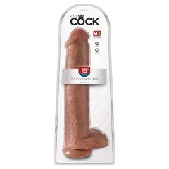   King Cock 15 - Suction Cup, Giant Dildo with Balls (38cm) - Dark Natural