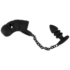 Black Velvet Silicone Penis Cage with Anal Dildo (Black)