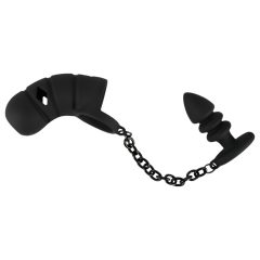 Black Velvet Silicone Penis Cage with Anal Dildo (Black)