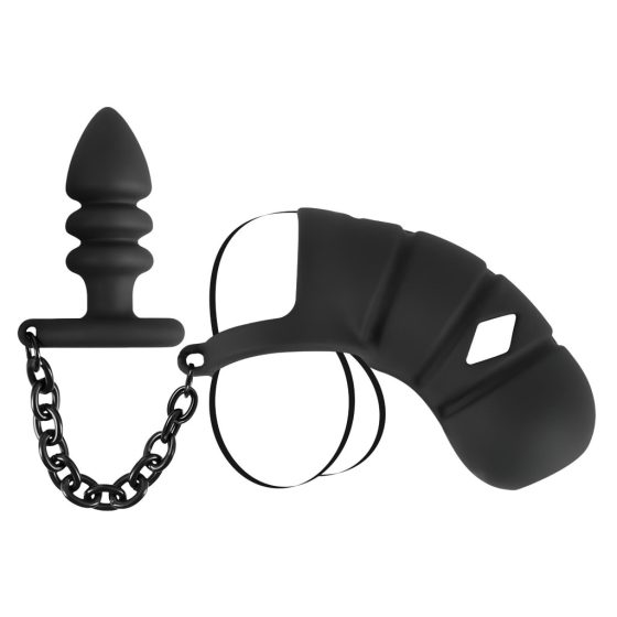 Black Velvet Silicone Penis Cage with Anal Dildo (Black)