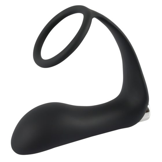 Battery-Powered Silicone Anal Vibrator with Penis Ring (Black)