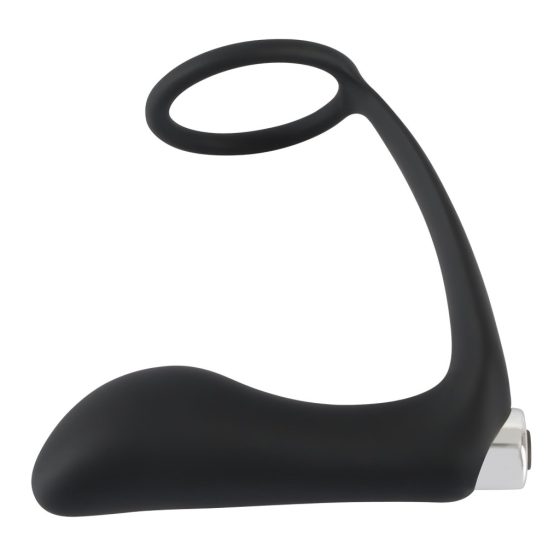 Battery-Powered Silicone Anal Vibrator with Penis Ring (Black)