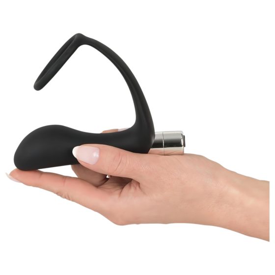 Battery-Powered Silicone Anal Vibrator with Penis Ring (Black)