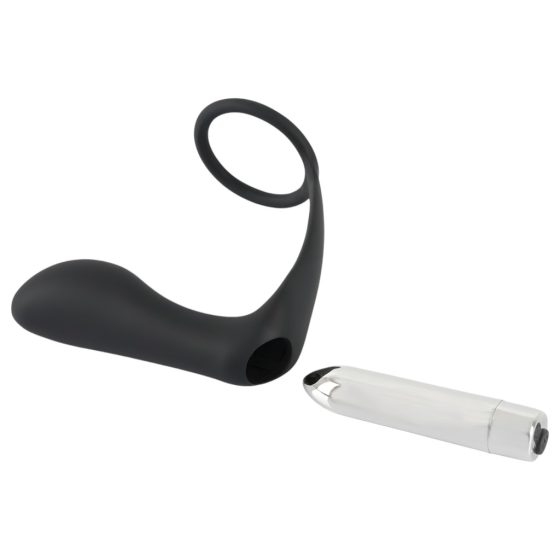 Battery-Powered Silicone Anal Vibrator with Penis Ring (Black)