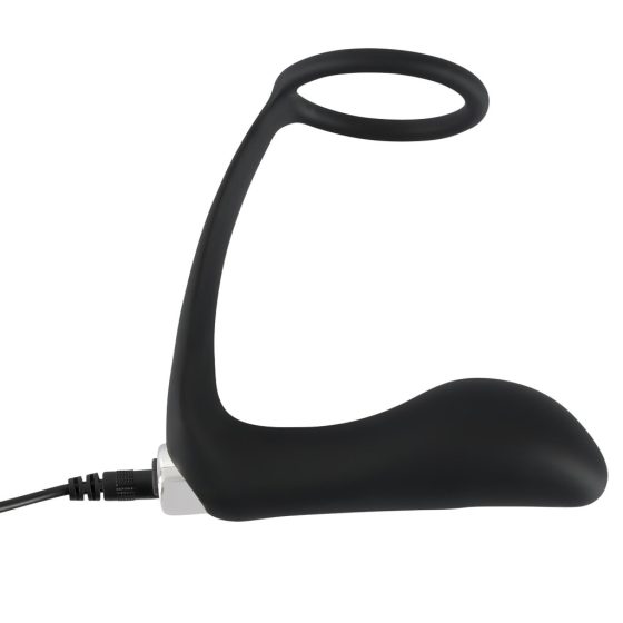 Battery-Powered Silicone Anal Vibrator with Penis Ring (Black)