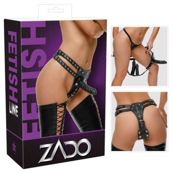 ZADO - leather harness with 2 inner dildos (black)