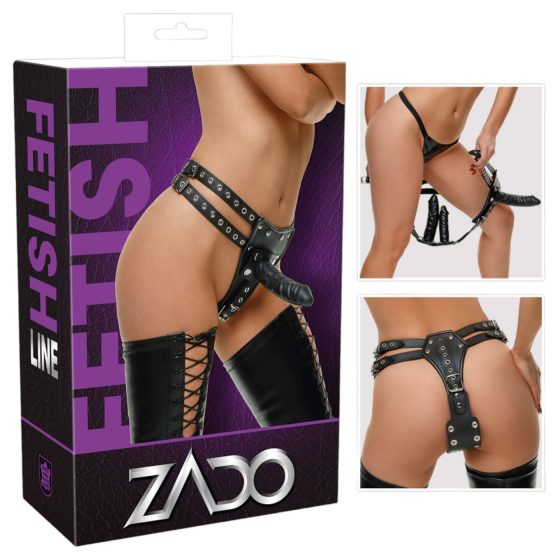 ZADO - leather harness with 2 inner dildos (black)