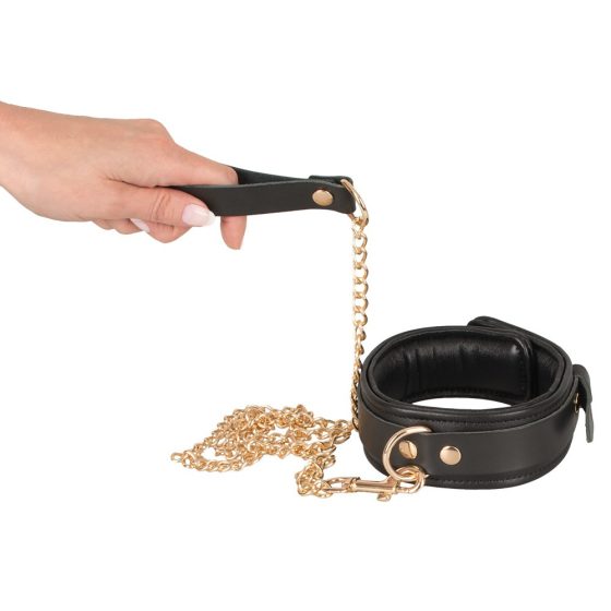 ZADO - genuine leather collar with leash (black-gold)