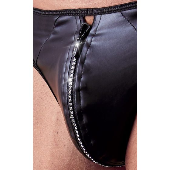 Svenjoyment - Glossy Men's Thong with Rhinestone Zipper (Black)