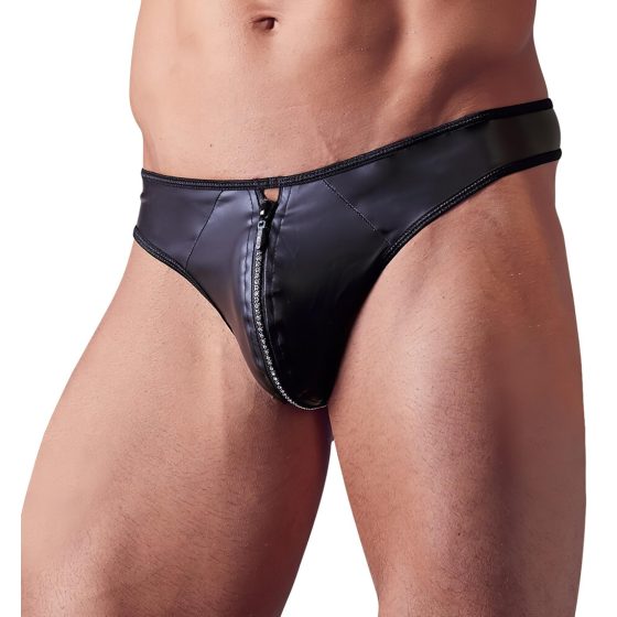 Svenjoyment - Glossy Men's Thong with Rhinestone Zipper (Black)