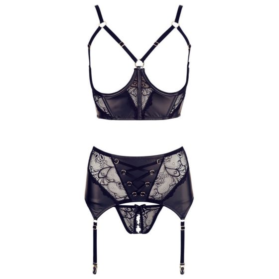 Abierta Fina - Lace Shiny Lingerie Set (Black)