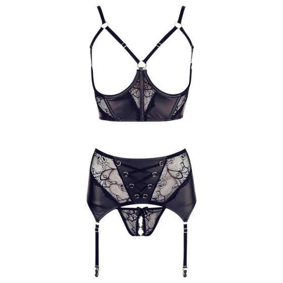 Abierta Fina - Lace Shiny Lingerie Set (Black)