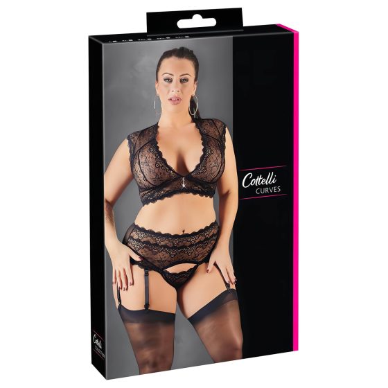 Cottelli Plus Size - Lace Lingerie Set with Rhinestones (Black)