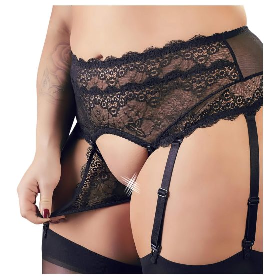 Cottelli Plus Size - rhinestone lace lingerie set (black)