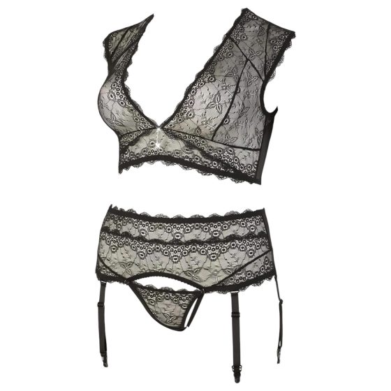 Cottelli Plus Size - rhinestone lace lingerie set (black)