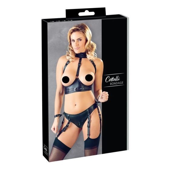 Cottelli Bondage - shiny open bra set with cuffs (black)