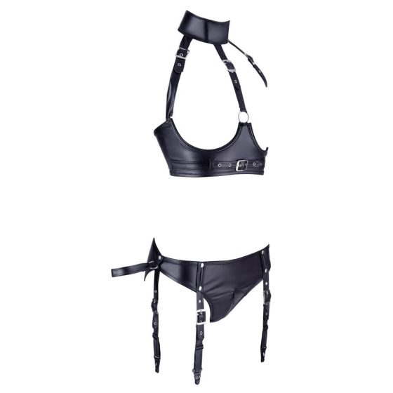 Cottelli Bondage - shiny open bra set with cuffs (black)