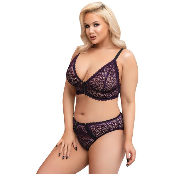 Cottelli Curves Plus Size - Transparent Patterned Bra Set (Purple)