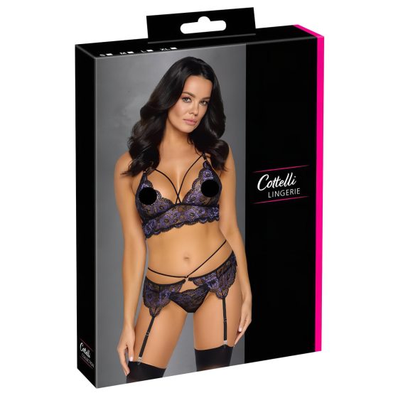 Cottelli - 3-Piece Lace Lingerie Set (Black-Purple)