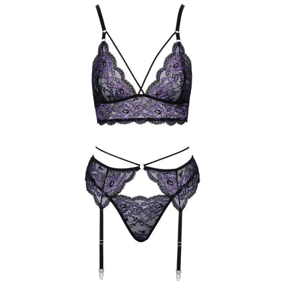 Cottelli - 3-Piece Lace Lingerie Set (Black-Purple)