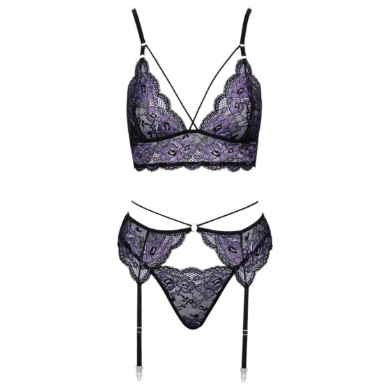 Cottelli - 3-Piece Lace Lingerie Set (Black-Purple)