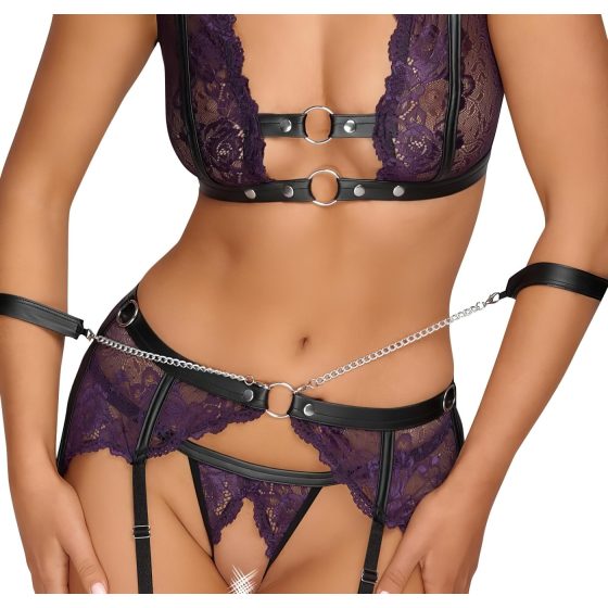 Cottelli Bondage - lingerie set with hand restraints (black-purple)