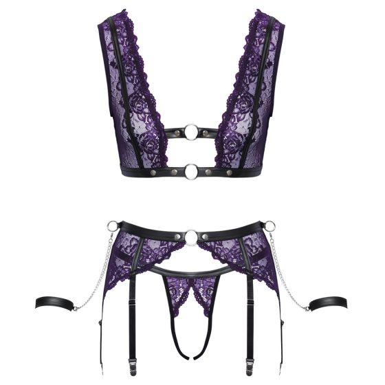 Cottelli Bondage - lingerie set with hand restraints (black-purple)