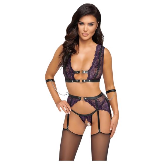 Cottelli Bondage - lingerie set with hand restraints (black-purple)