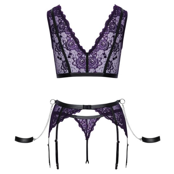 Cottelli Bondage - Lingerie Set with Hand Restraints (Black-Purple)