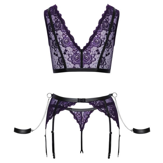 Cottelli Bondage - lingerie set with hand restraints (black-purple)