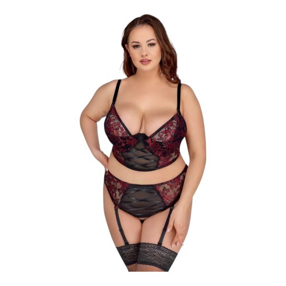 Cottelli Plus Size - Bra and Garter Set (Black-Red)