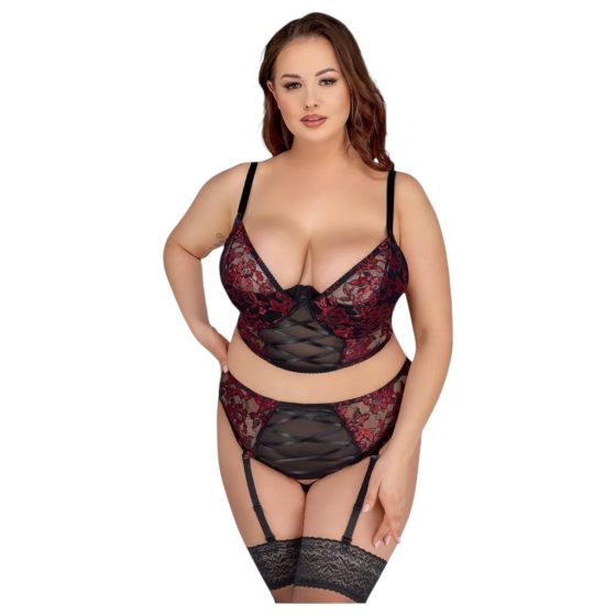 Cottelli Plus Size - Bra and Garter Set (Black-Red)