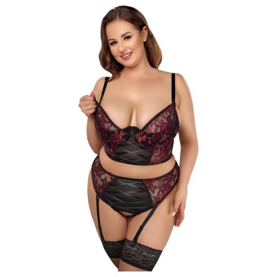 Cottelli Plus Size - Bra and Garter Set (Black-Red)