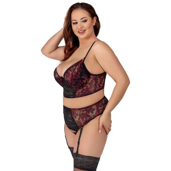 Cottelli Plus Size - Bra and Garter Set (Black-Red)