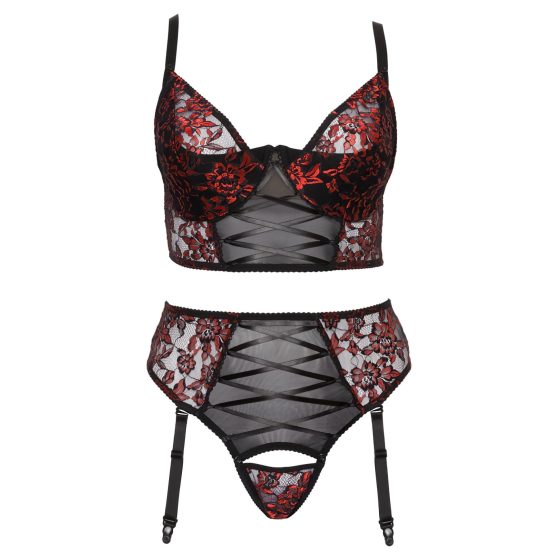 Cottelli Plus Size - Bra and Garter Set (Black-Red)