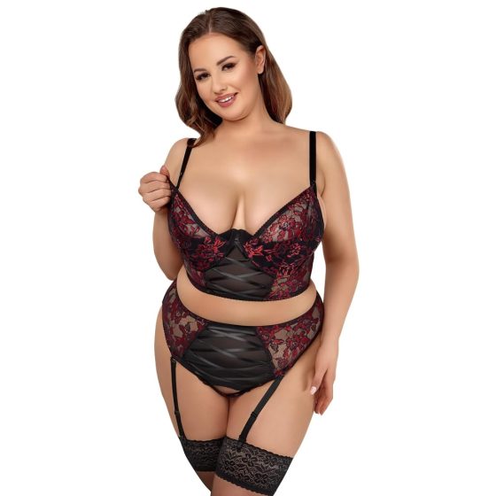 Cottelli Plus Size - Bra and Garter Set (Black-Red)