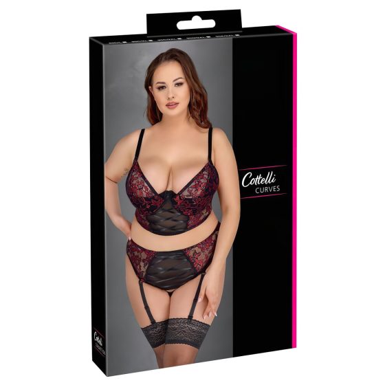 Cottelli Plus Size - Bra and Garter Set (Black-Red)