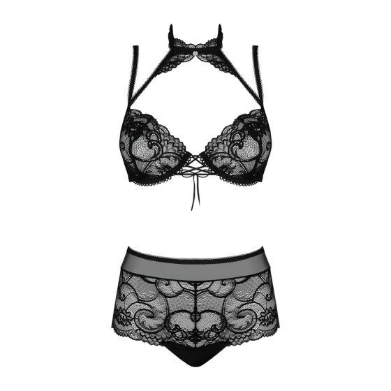 Obsessive Elizenes - Patterned, Sheer Bra Set (Black)