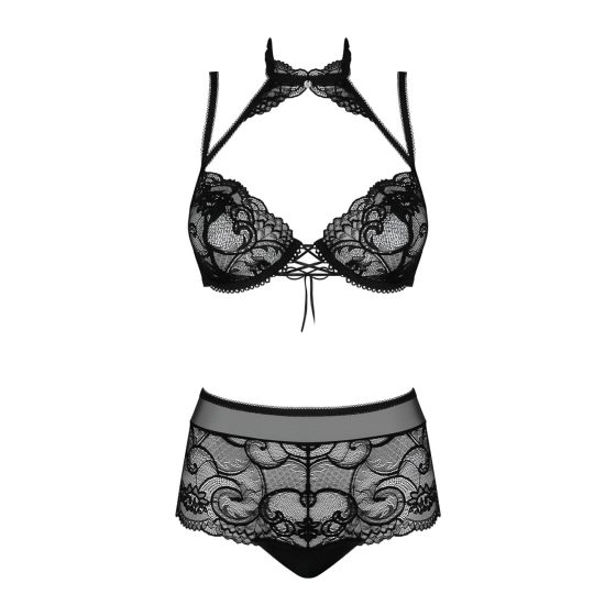 Obsessive Elizenes - Patterned, Sheer Bra Set (Black)