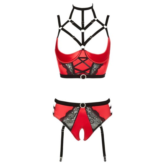 Abierta Fina - Open Bra Set with Rings and Straps (Red-Black)