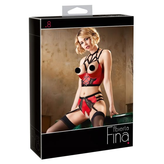 Abierta Fina - Breast Lifting Set with Rings and Straps (Red-Black)