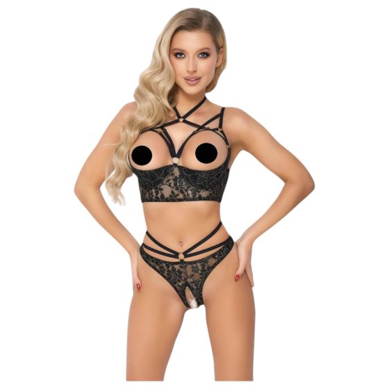 Abierta Fina - Open Bra and Thong (Black-Gold)