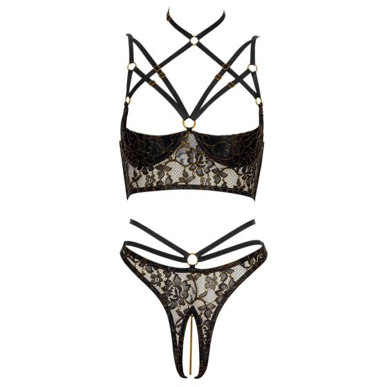 Abierta Fina - Open Bra and Thong (Black-Gold)