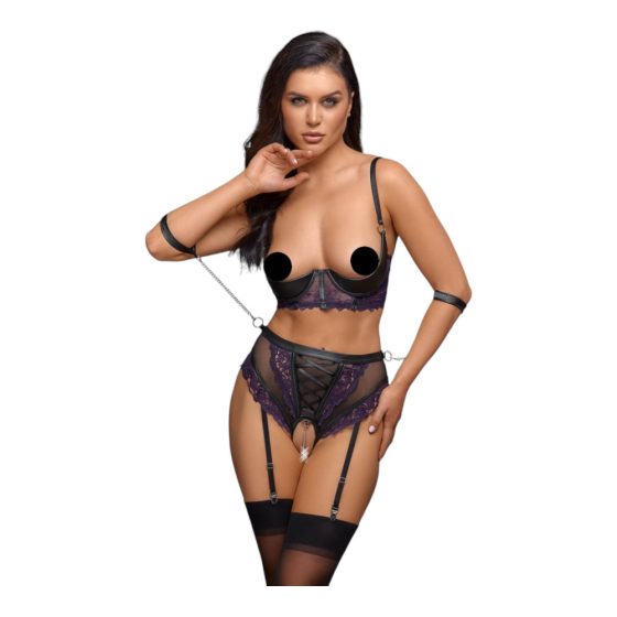 Cottelli Bondage - bra set with handcuffs (black-purple)