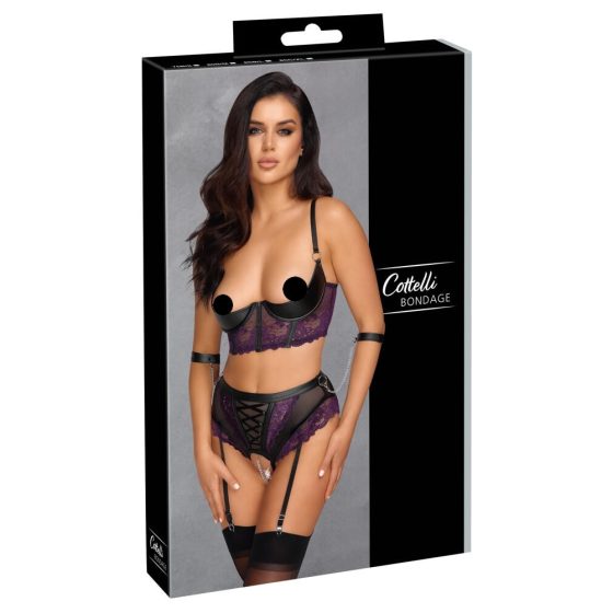 Cottelli Bondage - bra set with handcuffs (black-purple)