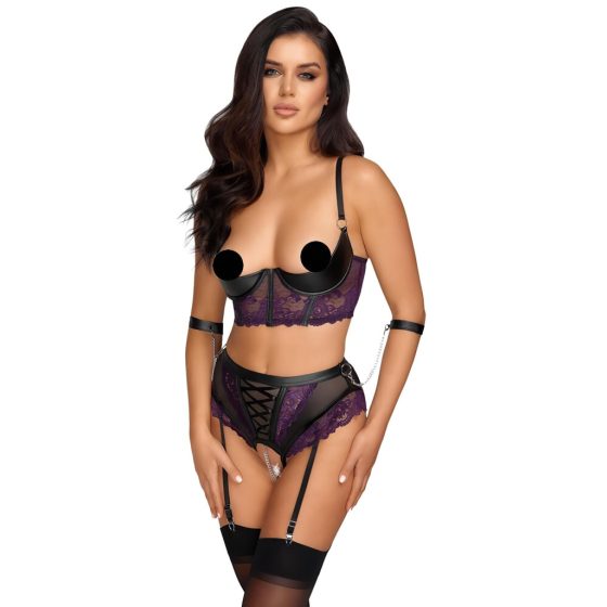 Cottelli Bondage Bra Set with Hand Restraints (Black-Purple)