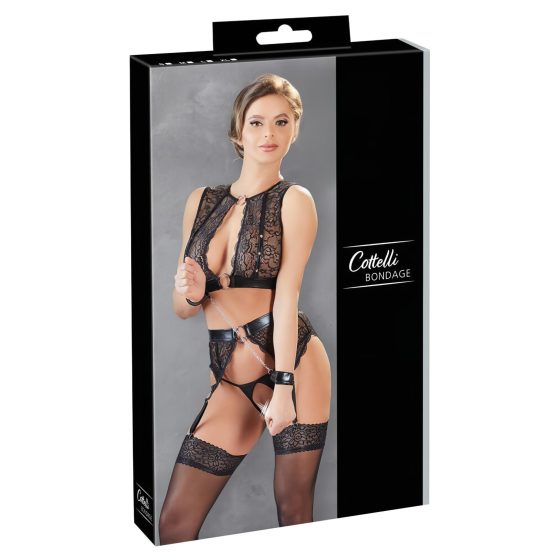 Cottelli Bondage - Glossy Striped, Lace Lingerie Set (4 Pieces)